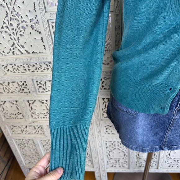 cAbi Blue Teal Faux Fur Collar Button Up Long Sleeve Coquette Twee Cardigan Sz S - Picture 4 of 9